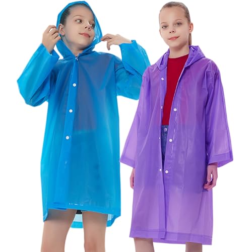 Rain Ponchos Raincoats for Kids, Reusable Boys Girls Rain Jackets Emergency with Hood for Family Disney Travel Outdoor - color: G-blue+purple