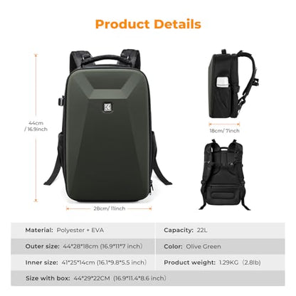 K&F CONCEPT Camera Backpack,Hardshell Photography DSLR Camera Bag with 15-15.6 Inch Laptop Compartment Waterproof Hard Shell Camera Case - color: Deep Green