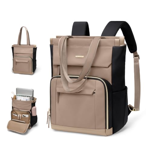 Convertible Daypack Laptop Backpack for Women Men Carry on Tote Backpack Bookbag for College Work Nurse Travel,16Inch,Champagne Brown Black - color: Champagne Brown Black