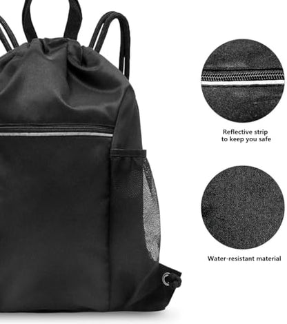 HOLYLUCK Drawstring Backpack Gym Bag For Men Women, String Beach Swim Sports Backpack - color: Black-2 Mesh Pockets, style: Standard Drawstring