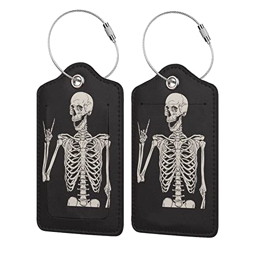 2 Pack Skull Rock and Roll Luggage Tags for Suitcases, Cool Leather Luggage Tag for Travel, Bag Tag Privacy Name ID Card Bag Labels for Friends Adults Kids Tourists - color: Skull Rock and Roll