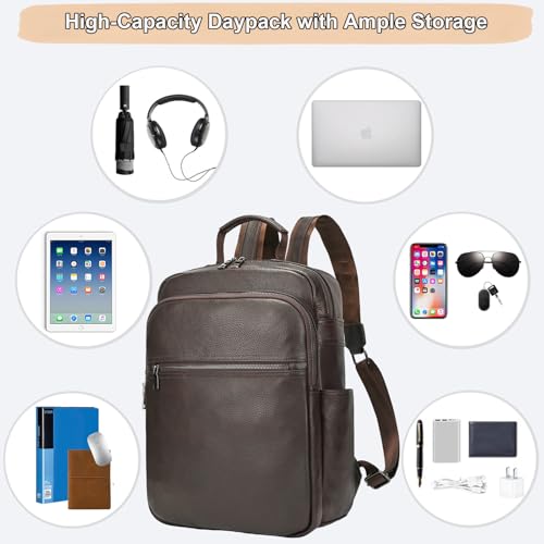 Genuine Leather 15.6 Inch Laptop Backpack for Men & Women, Business Commute Bag Daypack with Multi-Pockets for Travel Outdoor, Coffee Brown - color: Y80-17y-coffee