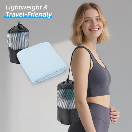 YESLIFE Non-Slip Extra Thick Hot Yoga Towel with One Sweat Towel, Microfiber Sweat Absorbent Yoga Mat Towel with Grip Dot, Pilates Mat, 72" x 24", Light Blue - color: Light Blue