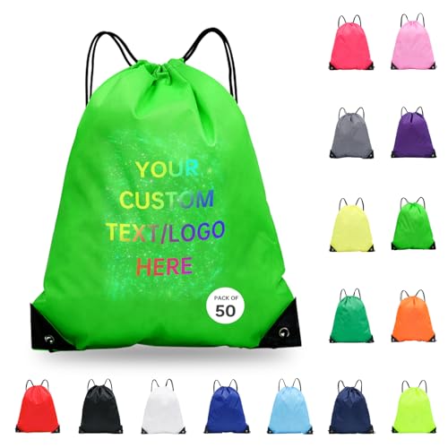 JEOHLORY pack of 50 Custom Bags With Your Logo,Drawstring Backpacks Bulk String Bag,Great for Travelling, Gym and for Everyday Use (Custom Green) - color: Custom Green