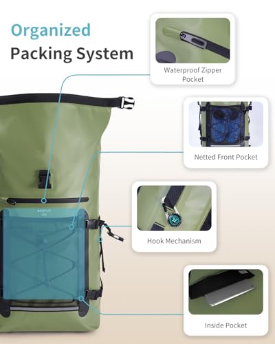 ECOHUB Waterproof Backpack for Women Men, 30L Roll-Top Closure Heavy Duty Dry Bag for Travel with IPX8 Waterproof Phone Case - color: Green
