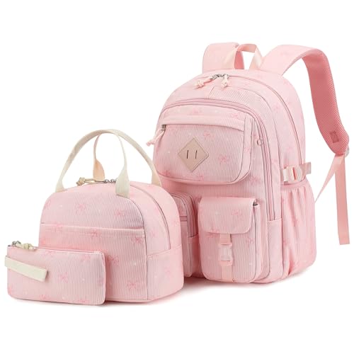 3Pcs Corduroy School Backpack for Girls, Kids Teens Large Capacity School Bag Bookbags Set Casual Daypack Fits 15.6 inch Laptop with Lunch Box and Pencil Case (Corduroy Bow Pink) - color: Corduroy Bow Pink