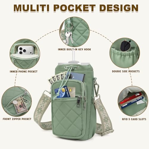 Water Bottle Holder with Strap, 32oz 40oz Insulated Water Bottle Carrier Bag, Purse Crossbody Sling Bag with Phone Pocket for Walking Hiking - color: green