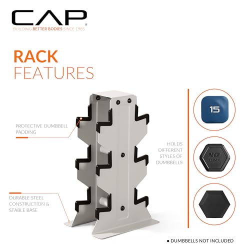 CAP Dumbbell Set with Rack, Rubber Coated Hex Free Weight Set | 100–300 lb Options, Vertical Space-Saving Storage for Home Gym Strength Training - size: 100 lb Set - Light Gray Rack, style: Black Handle