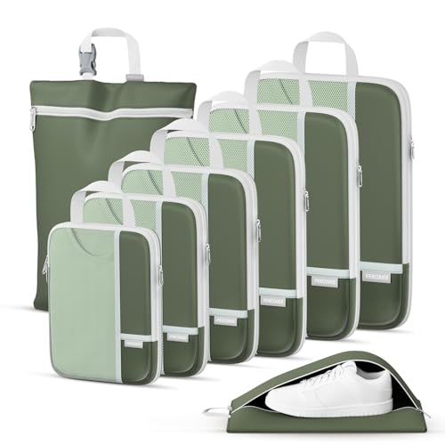 Percover Compression Packing Cubes for Travel, 8-Piece Structured Compression Organizer Set with Laundry Bag & Shoe Bag for Carry-On & Checked Luggage, Green - color: Green, size: 8 Set
