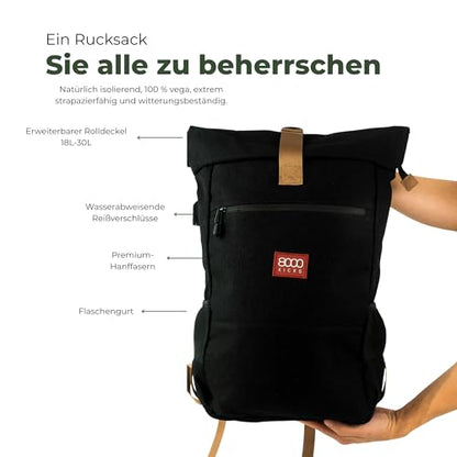 8000Kicks Everyday Hemp Backpack - Lightweight and Weatherproof Backpack for Work and Travel with Anti-theft pocket and Spacious Interior (Black) - color: Black