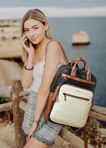 Shrrie Laptop Backpack for Women 15.6 inch Travel Leather Backpack Purse Work Computer Backpacks for Business College Black With Brown and White - color: Black With Brown and White