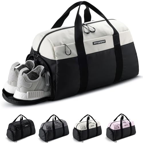 Fitgriff® Gym Bag V2 for Men and Women with Shoe & Wet Compartment - Duffle Bag for Travel, Sports, Fitness and Workout - color: Black / Cream White, size: 22 x 12 x 13 inches (Medium)