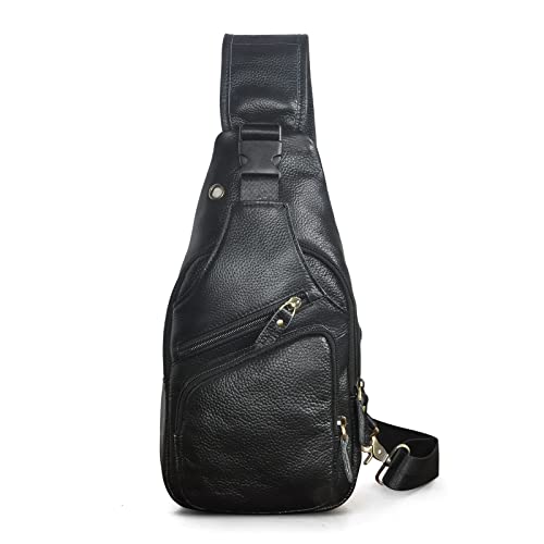 Le'aokuu Men Fashion Casual Tea Designer Travel Hiking Crossbody Chest Sling Bag Rig One Shoulder Strap Bag Men Leather 8015 | Fashion - color: X Black