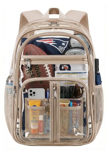 Cusangel XL TPU Clear Backpack Heavy Duty for Stadiums,18in School Bookbag Teens 15+ boys Girls and Adults Multi-Pocket Design & Reinforced Stitching(Gold-18inch) - color: Gold-18inch