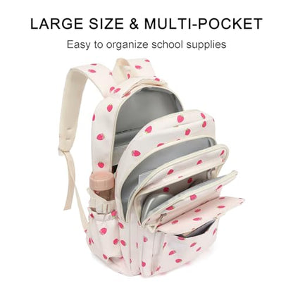 Phaoullzon Girls High Middle School Strawberry Backpack for Kids Kawaii Bookbag College Daypack,Strawberry - color: Beige Strawberry, size: Large (17.5 Inch)