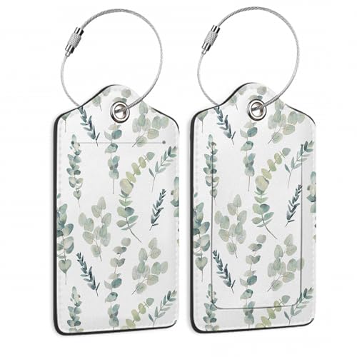 Luggage Tags Set of 2 Eucalyptus Leaves Watercolor Leather Suitcase Tags with Stainless Steel Loop and Privacy Cover for Women Men Travel Luggage Accessories - color: Eucalyptus Leaves Watercolor