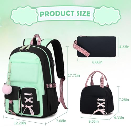 ACESAK Backpacks for Girls, Girls Backpack with Lunch Box and Pencil Case for Teen Kids Elementary Middle High School College Student, Children Backpack Bookbag with USB Charging Port (Black Green) - color: Black & Green