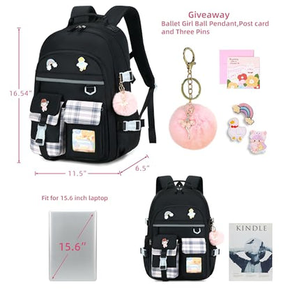 Backpack for Girls, 15.6 Inch Laptop School Bag Kids Kindergarten Elementary College Backpacks Large Bookbags for Teen Girl Women Students Casual Travel Daypacks (Black) - color: Black