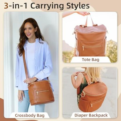 miss fong Small Diaper Bag Mini Diaper Bag, Leather Diaper Bag Backpack Mini Backpack with 14 Pockets Insulated Pockets & Shoulder Strap - color: Brown