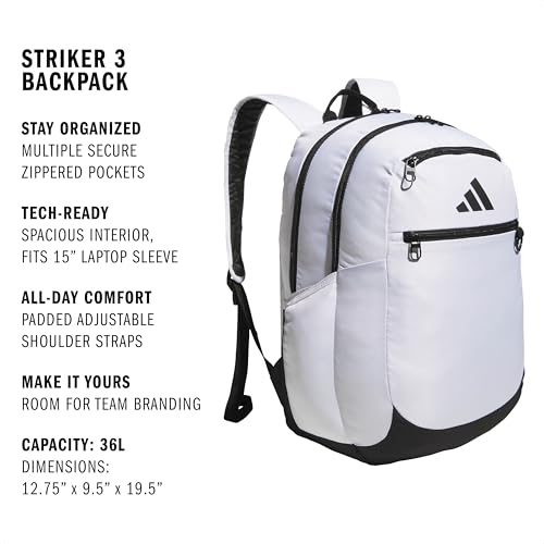 adidas Striker 3 Team Sports Backpack – Daypack for Sports Gym Travel, 36L - color: White/Black