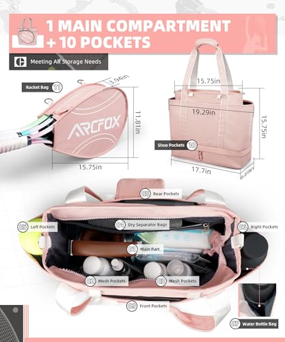ARCFOX Tennis Tote Bag for Women, 2-in-1 Pink Tennis Bags 3 Rackets, Large Tennis Racket Bag with Shoe Compartment, Water Bottle Holder, Sports Handbag for Pickleball Padel, Badminton, Squash Racquet - style: Tennis Tote Bag