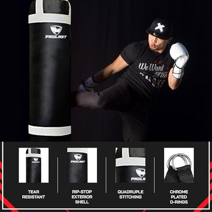 4 ft 80lb Heavy Boxing Punching Bag, Muay Thai, MMA, Strength Training Equipment, Hanging, Rhino Logo, Two Tone - color: Black / White, style: Filled