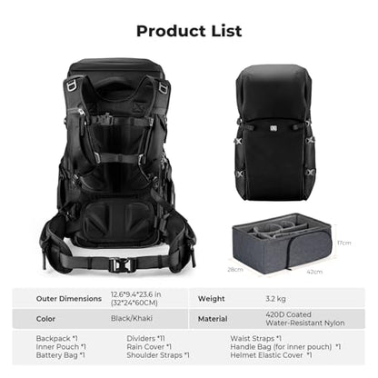 K&F CONCEPT Camera Backpack, 40L Large Capacity Camera Bag, Waterproof DSLR Camera Back Pack, Extra Large Photography Bag Backpack - color: Black, size: X-Large