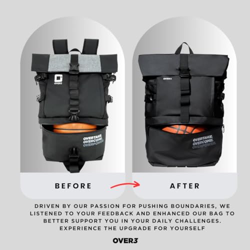OVER3 Basketball Backpack Large - with Shoe & Laptop Compartment - Versatile Bag for Basketball, Soccer, Volleyball, Football and Travel - Men & Women - Black