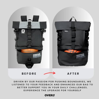 OVER3 Basketball Backpack Large - with Shoe & Laptop Compartment - Versatile Bag for Basketball, Soccer, Volleyball, Football and Travel - Men & Women - Black