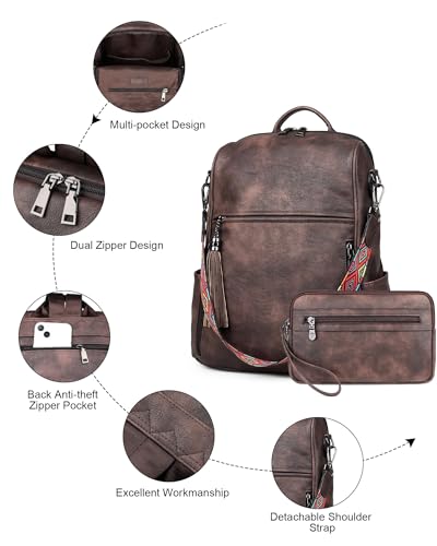 FADEON Womens Backpack Purse Large Designer PU Leather Laptop Backpacks, Ladies Computer Shoulder Bags (3 Coffee Brown Retro Style, Medium (14-in Height)) - color: 3 Coffee Brown Retro Style, size: Medium (14-in Height)