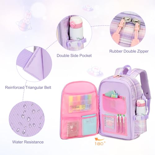 FIXITOK Girls Backpack Set, 3PCS Kids Backpack for Girls, Kawaii Bunny School Backpacks for Girl Kindergarten Elementary Preschool Middle School Bags with Lunch Box Pencil Case Purple-Plaid - color: Purple-plaid