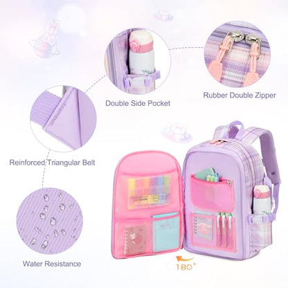 FIXITOK Girls Backpack Set, 3PCS Kids Backpack for Girls, Kawaii Bunny School Backpacks for Girl Kindergarten Elementary Preschool Middle School Bags with Lunch Box Pencil Case Purple-Plaid - color: Purple-plaid