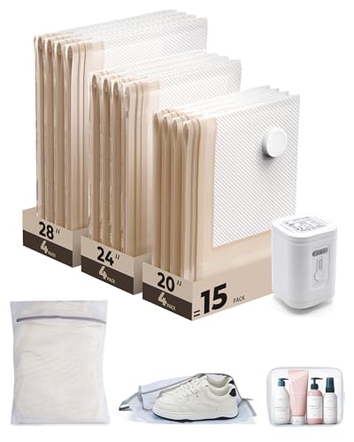 BAGSMART Vacuum Seal Storage Bags for Clothing Travel, 15 Pack Travel Essentials Bundle includes Laundry Bag & Waterproof Shoe Bag & TSA Approved Toiletry Bag, Hand Pump Included - color: Khaki, size: 15 Combo Travel