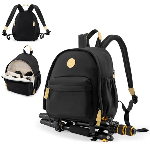 Cwatcun Camera Backpack Bag Small for Women,Fashion DSLR Camera Bag with Tripod Strap Laptop Compartment and Padded Dividers Lightweight Photograhy Cute Backpack Case for Cameras Accessories - color: Black, size: 1.0 Small
