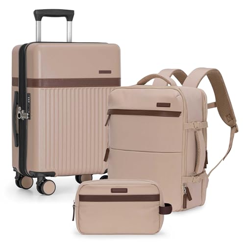 U.S. Traveler Vista Way 3-Piece Travel Set, 21-Inch Carry-on Hardside with TSA Lock, 18-Inch Travel Backpack with Laptop Sleeve, Toiletry Bag, Beige - color: Beige