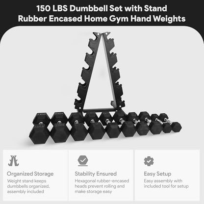 BalanceFrom Rubber Coated Hex Dumbbell Weight Set with Storage Rack, 100LB or 150LB or 200LB Set, 5-20 lbs or 5-25 lbs or 10-30 lbs Pairs - style: 150LB Set with Rack