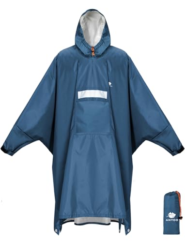 ANYOO Hooded Rain Poncho for Adults Waterproof Lightweight Rain Coat for Men Women Reusable Rain Jacket for Emergency Outdoor - color: Z-sea Blue(with Zipper)