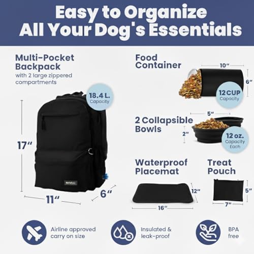 Dog Travel Bag for Supplies - Complete Dog Diaper Bag Backpack with 2 BPA-Free Travel Bowls, Treat Pouch, Food Container, Placemat & Laptop Sleeve – for Traveling, Road Trips, Hiking: Black - color: Black