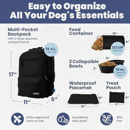 Dog Travel Bag for Supplies - Complete Dog Diaper Bag Backpack with 2 BPA-Free Travel Bowls, Treat Pouch, Food Container, Placemat & Laptop Sleeve – for Traveling, Road Trips, Hiking: Black - color: Black