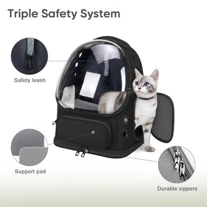 Breathable Cat Backpack Carrier, Large Space Cat Bubble Backpack for Kitty & Small Dog up to 18lbs, Foldable Cat Carrier Backpack, Transparent Airline Approved Carrier for Travel (Black) - color: Black