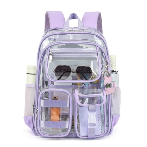 Clear Backpack for School Girls Boys Heavy Duty Transparent Backpack with Multiple Pockets, Lightweight PVC See Through Bookbag for Students-Light Purple - color: Purple