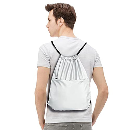 Drawstring Backpack Sports Water Resistant String Bag Sport Gym Sackpack for Women Men Large with Zipper, White - color: White