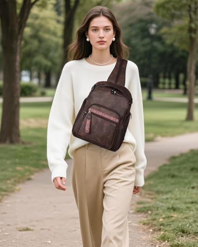 FADEON Large Sling Bag for Women, Designer Leather Crossbody Purse Convertible Sling Backpack, Anti Theft Daypack for Travel - color: Coffee Brown Retro Style