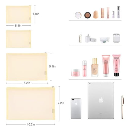 EASYFUN Mesh Pouch, Make up Bag with Zipper Cosmetic Organizer Pouch for Daily or Travel to Keep Small Items, 4 PCS Champagne - color: Champagne