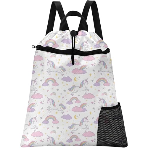 White Unicorn Drawstring Backpack, 15” x 17” Waterproof Swim Bag for Beach Swimming Pool, Lightweight Foldable Gym Bag with Water Bottle Holder for Sports Travel - color: White Unicorn