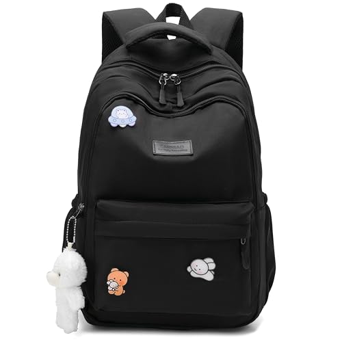 School Backpack for Teen Girls Cute Bookbag for High Middle School College Aesthetic Laptop Back Pack,Black - color: Black