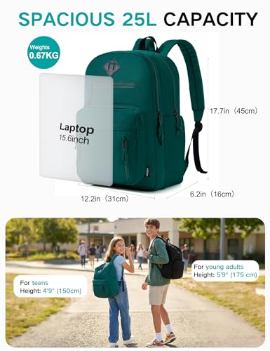 VASCHY School Backpack,Two Compartments Daypack Bookbag Schoolbag for High School Teen Boy Girls/College/Work/Men Women Green - color: Green