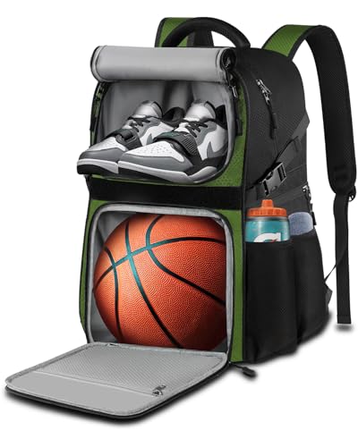 LOINTET Basketball Bag Backpack with Ball Holder Shoes Compartment, Large Basketball Accessories Sports Bag - color: Dark Green