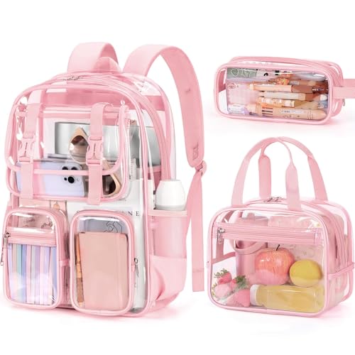 Fimibuke Clear Backpack for Girls - 3 PCS Heavy Duty Kids Clear Bags Schoolbag Large Transparent PVC Bookbag with Lunch Box Pencil Case Set for Travel School Concert Stadium Events Backpacks - color: light pink