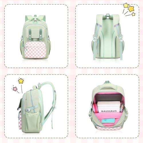MUSEVOS Girls Backpack with Lunch Bag, Kindergarten Elementary Middle School Backpack, Multiple Compartments Large Capacity Kids Bookbag 3 Pcs Set (Green) - color: Green-3pcs Set